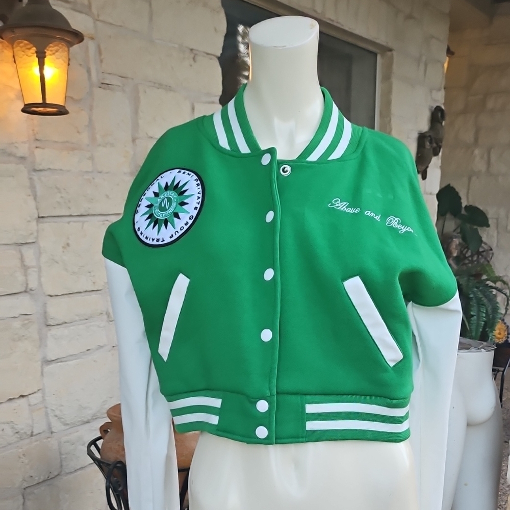 Pretty Little Thing Green and White Varsity Fleece Jacket Vinyl Sleeves S Logo